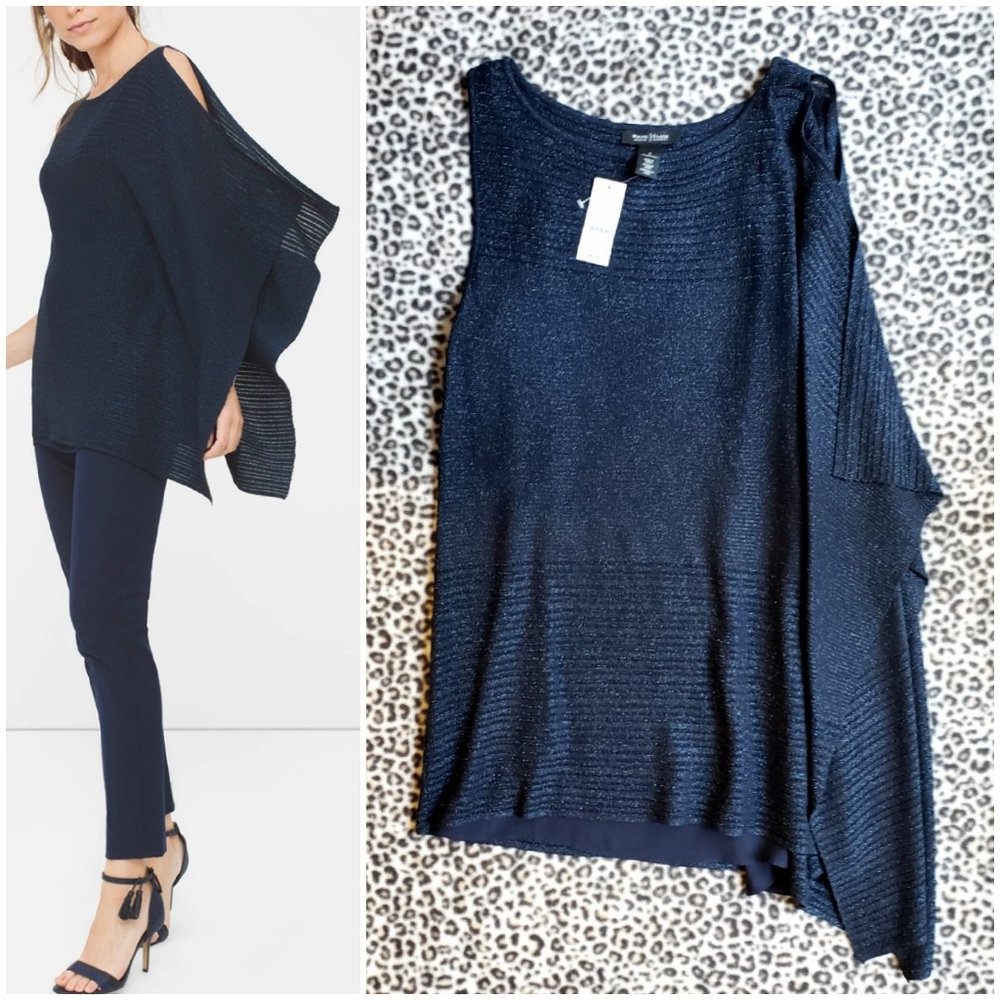 WHBM Officer Blue Asymmetric Drape Sleeve Shimmer Sweater, Size S, NWT